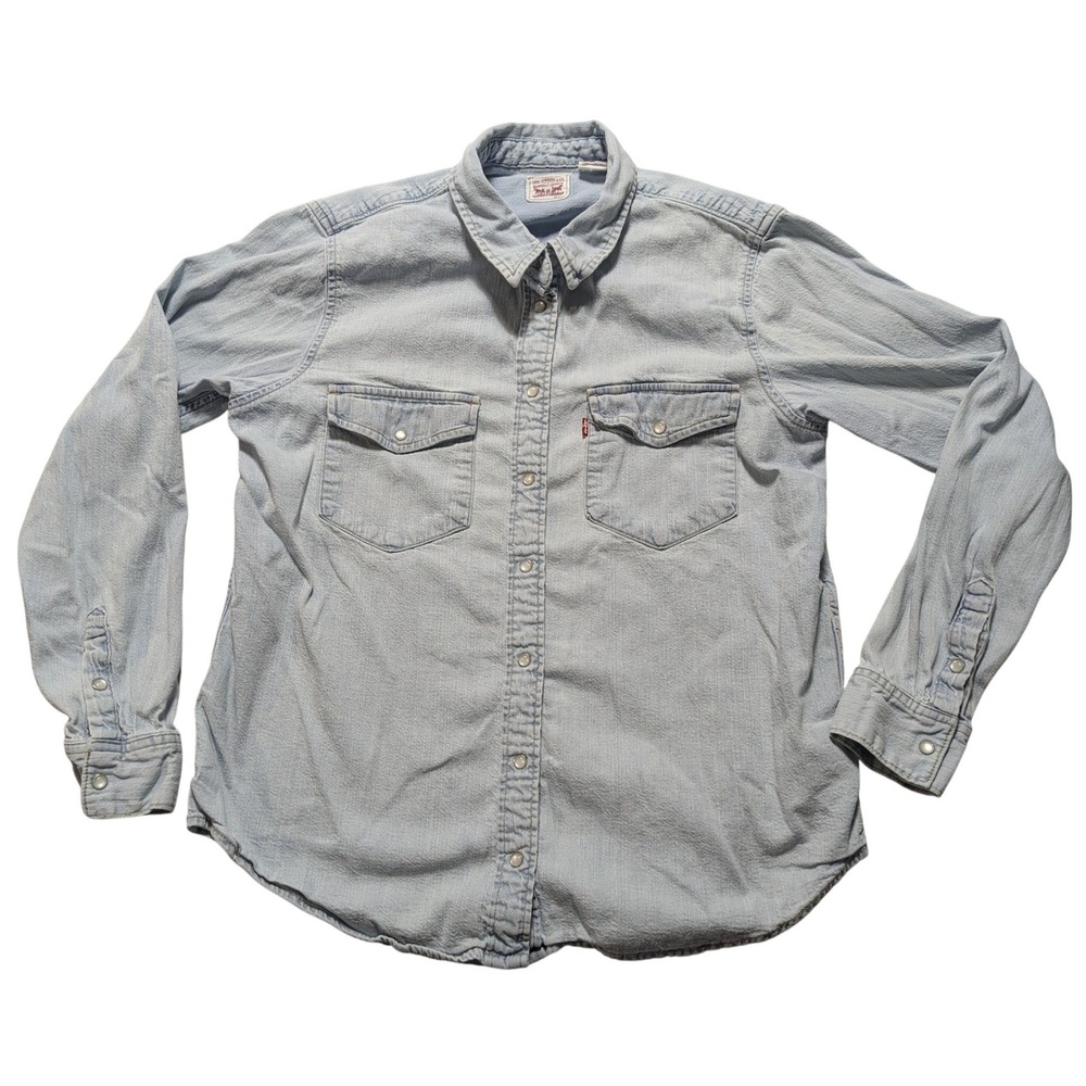 Levis Womens Light Wash Denim Western Pearl Snap Long Sleeve Shirt Large